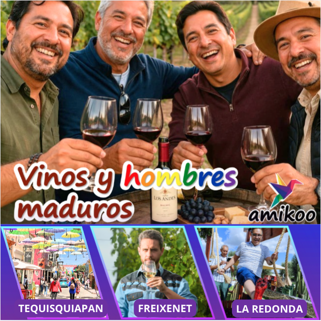 Tour gay para hombres maduros a los viñedos de Querétaro, Freixenet y la Redonda. Tres hombres maduros sonrientes sosteniendo copas de vino en un viñedo, rodeados de naturaleza.